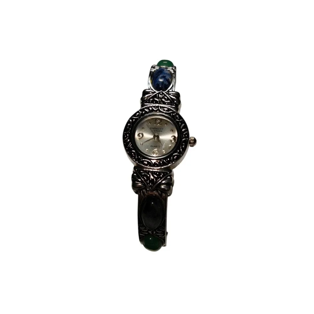 Western‎ Silver Bangle Watch Embassy By Gruen Multicolor Stones 22mm Adjustable